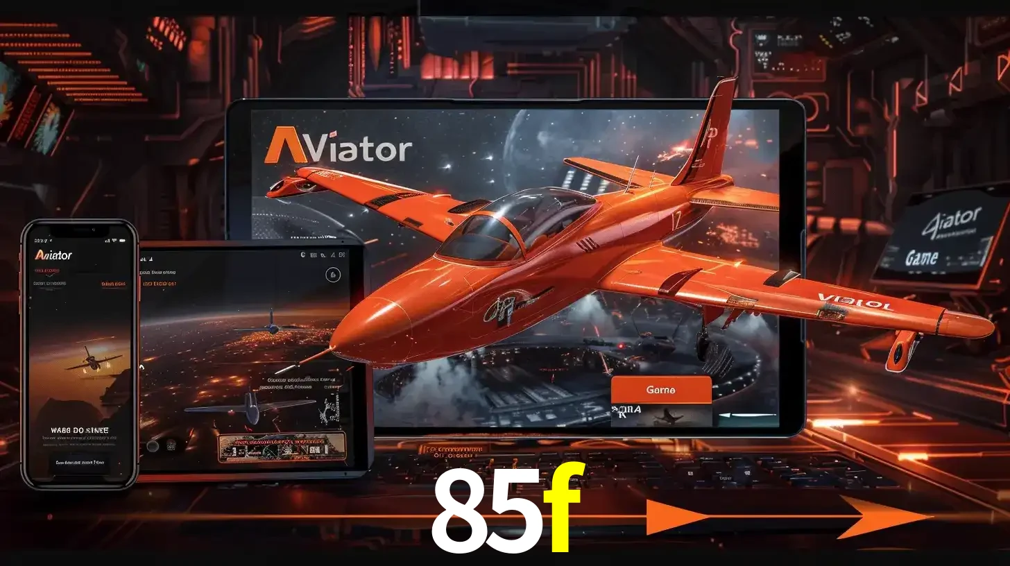 Apresentação tecnológica do jogo Aviator com um avião saindo da tela de um tablet, demonstrando a experiência imersiva em múltiplos dispositivos no 85f.