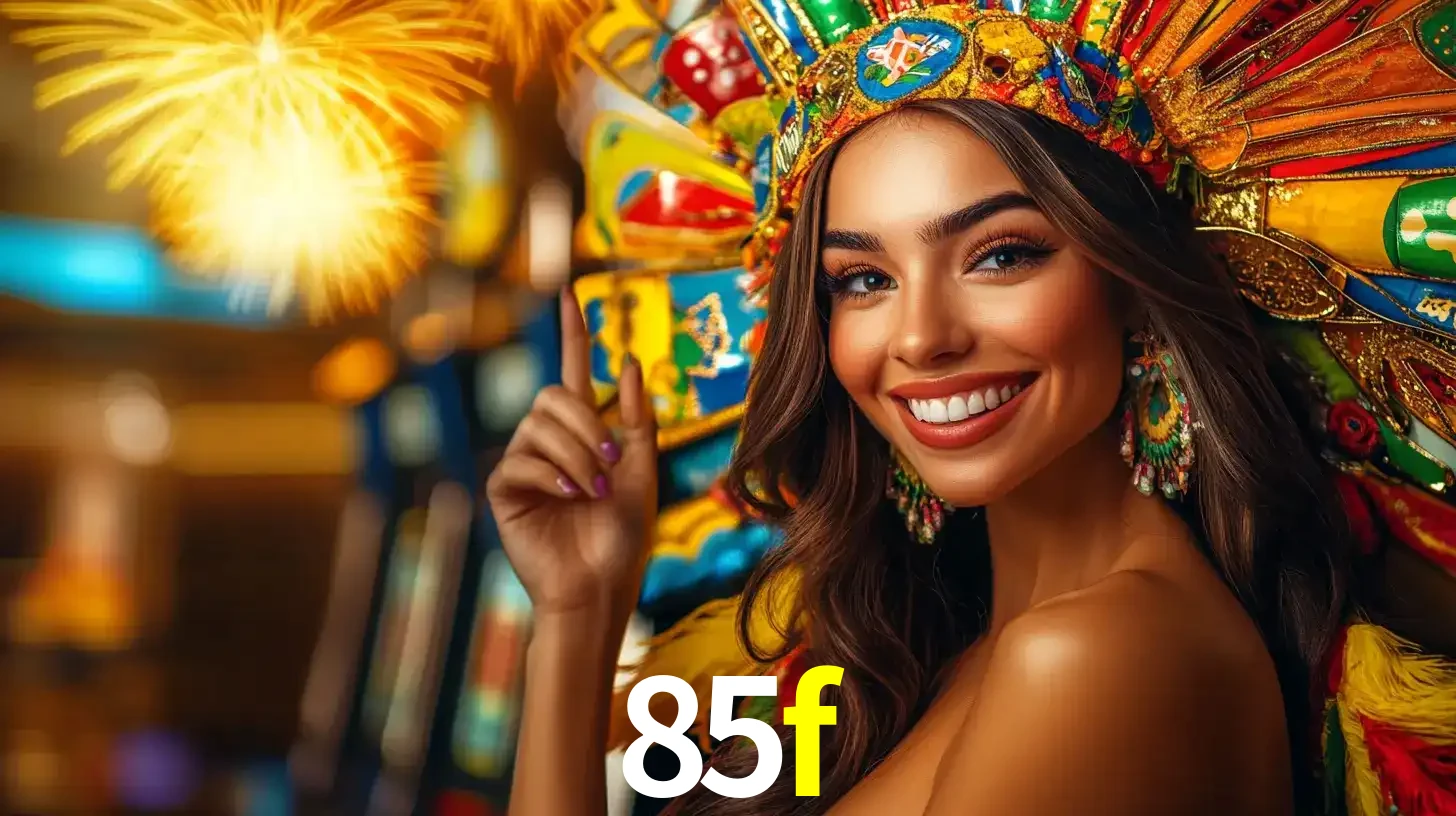 Mulher sorridente com um cocar de carnaval vibrante e colorido, celebrando uma grande vitória nos jogos do cassino 85f com fogos de artifício ao fundo.