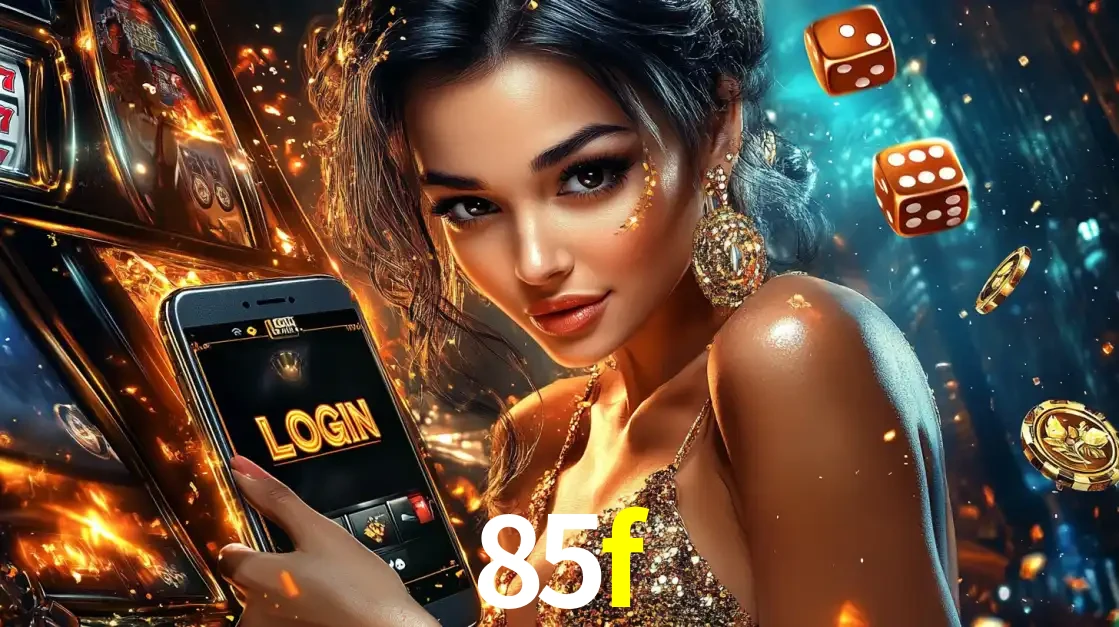 Mulher glamourosa segurando um celular com a tela de login do cassino 85f, rodeada por dados e moedas douradas, pronta para começar a diversão.
