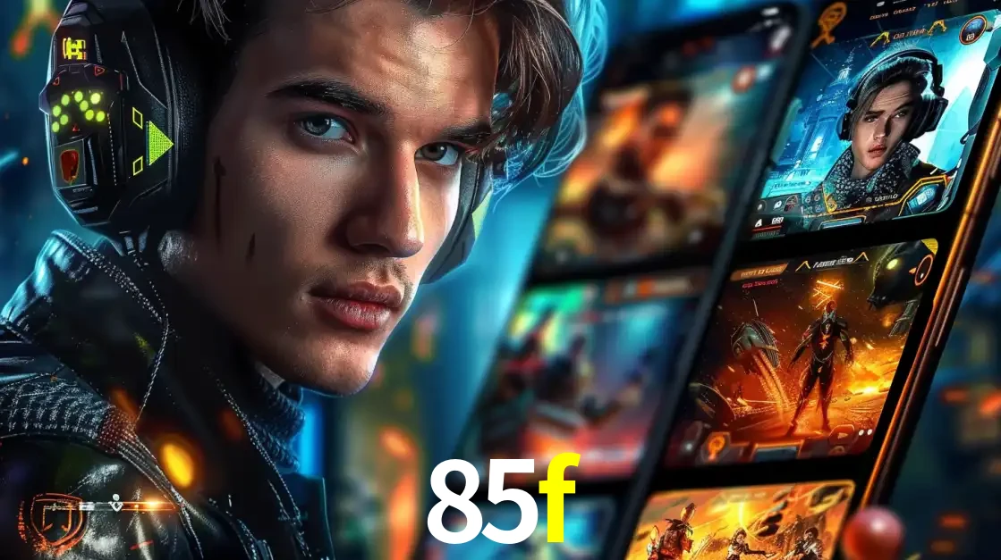 Jovem jogador com fones de ouvido olhando para a câmera, com um aplicativo de jogos e e-sports para celular ao fundo, pronto para a competição e apostas no 85f.