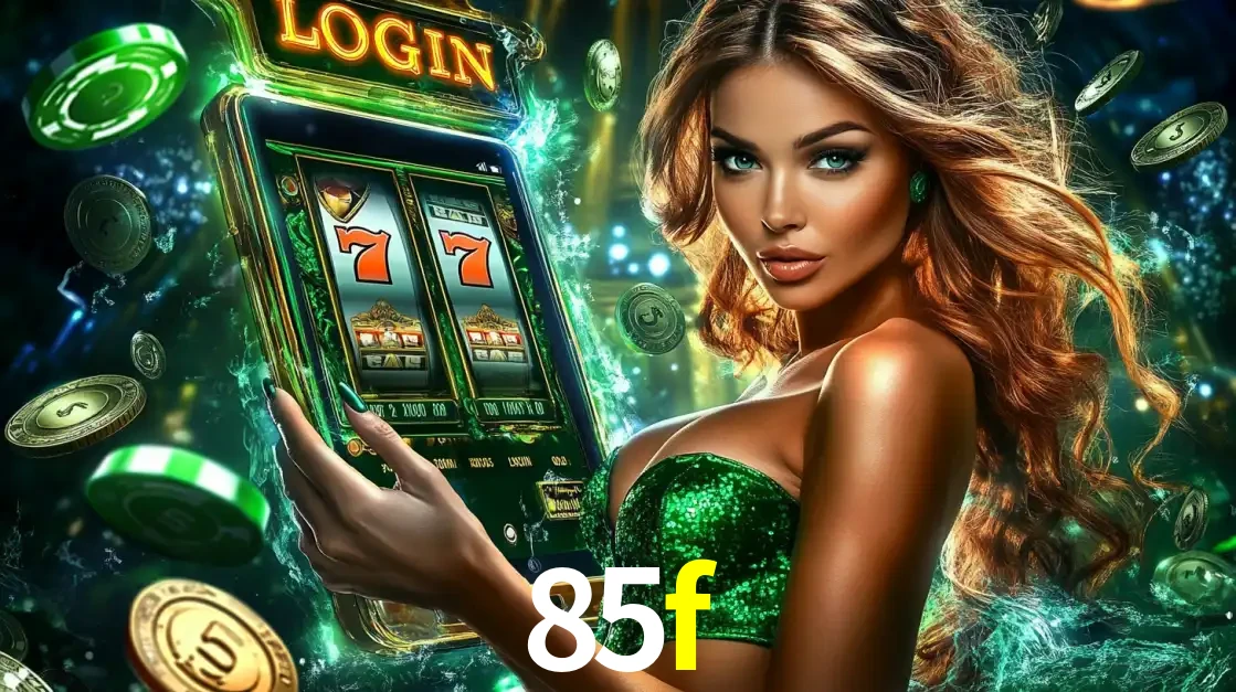 Mulher com tema verde apresentando o aplicativo do cassino 85f com um jogo de slot de 777, cercada por fichas de cassino e uma aura de sorte.