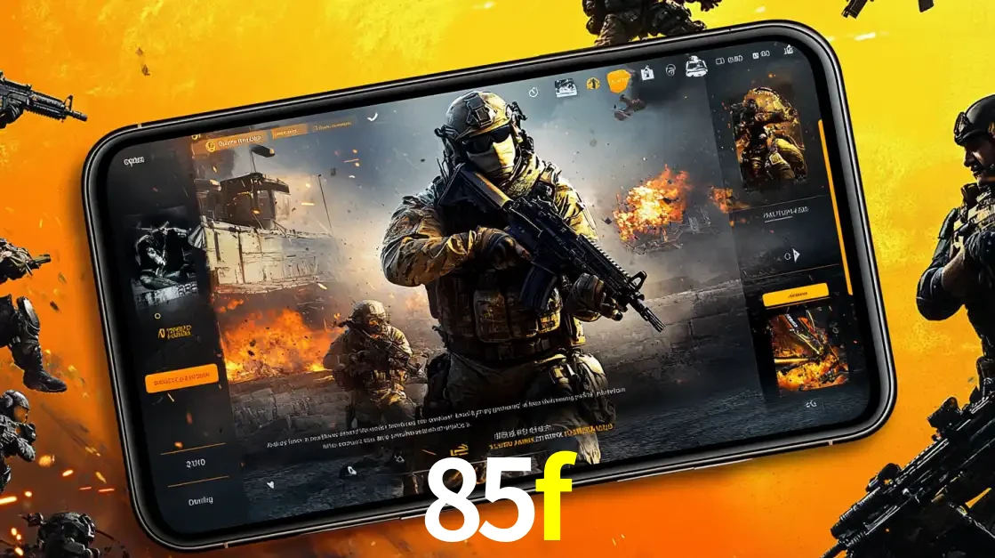 Um smartphone exibindo a interface de um jogo de tiro em primeira pessoa, com um soldado em um cenário de batalha, representando a ação dos e-sports para apostar no 85f.