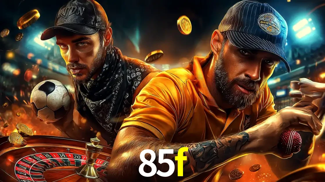 Montagem de apostas esportivas e cassino no 85f, com um homem segurando uma bola de futebol e outro uma de beisebol sobre uma roleta e moedas voadoras.