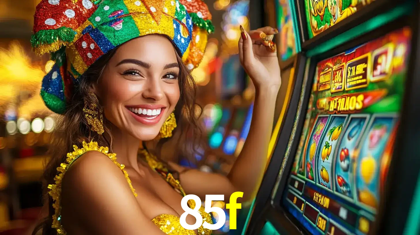 Mulher feliz com traje de carnaval amarelo e colorido ao lado de uma máquina de caça-níqueis, aproveitando a diversão e os jogos temáticos do cassino 85f.