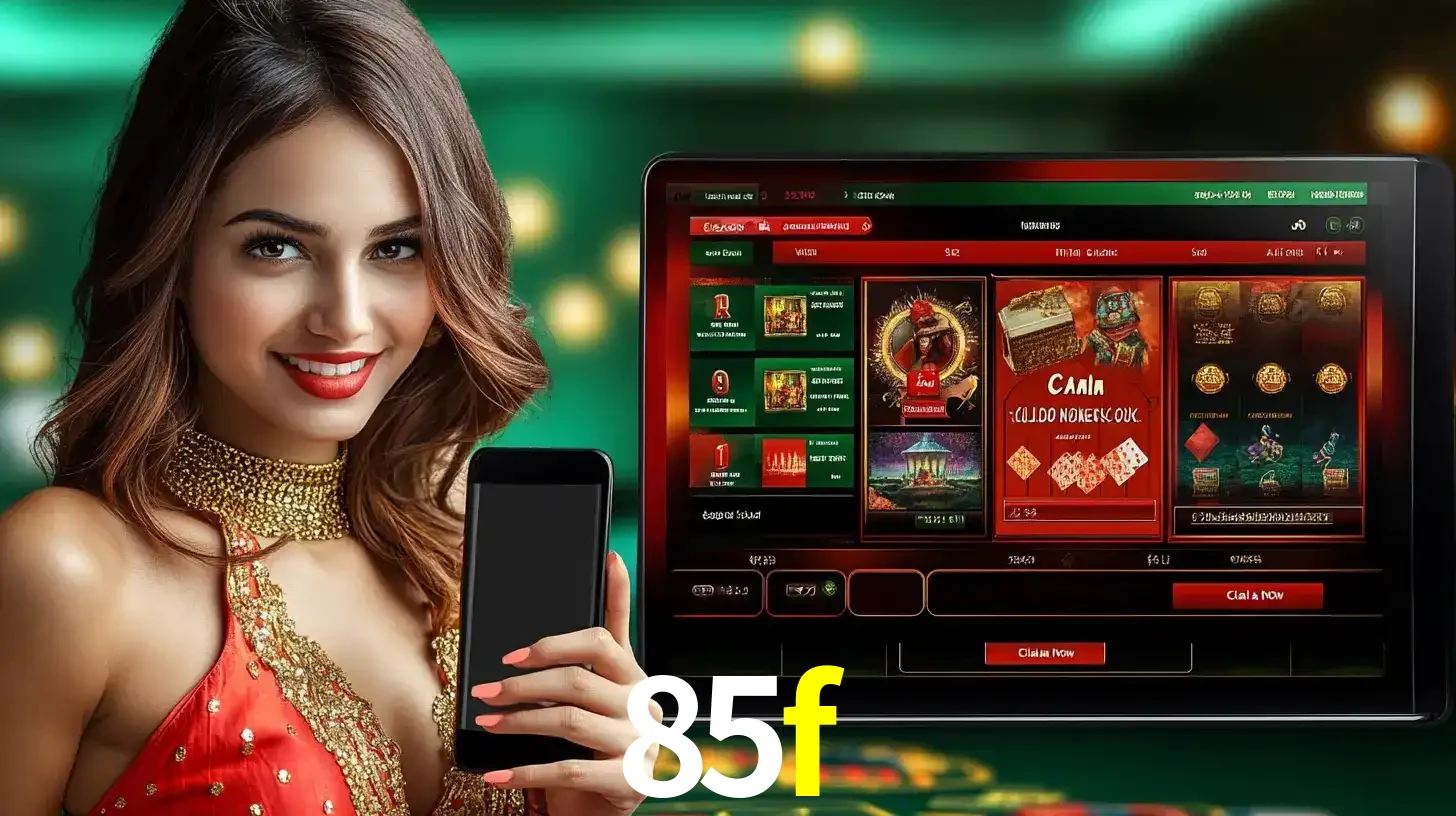 Mulher sorridente segurando um smartphone, ao lado de uma tela exibindo o lobby de jogos do cassino online 85f, com várias opções de jogos de cartas e slots.
